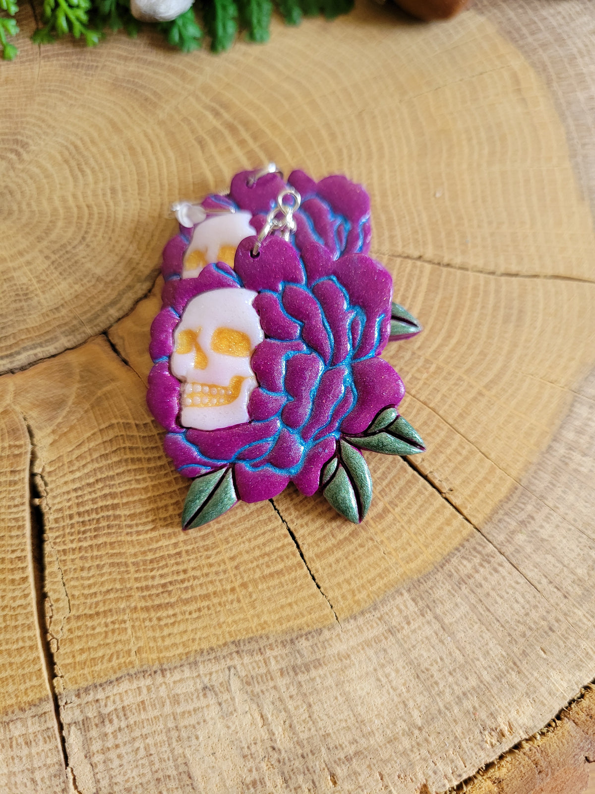Fuschia Flower Skull Earrings