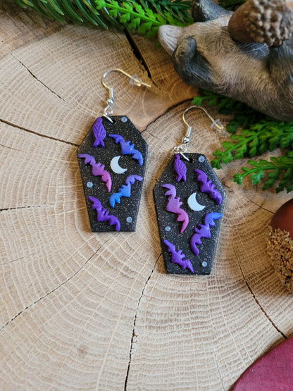 Coffin+Purple/Pink Bat Earrings