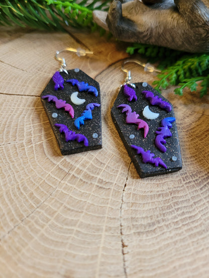 Coffin+Purple/Pink Bat Earrings