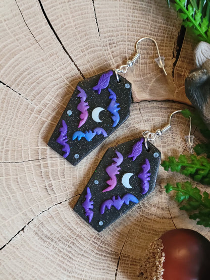 Coffin+Purple/Pink Bat Earrings