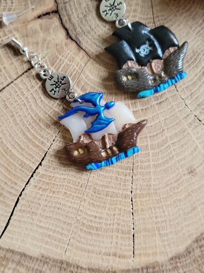 Mismatched Pirate Ship Earrings
