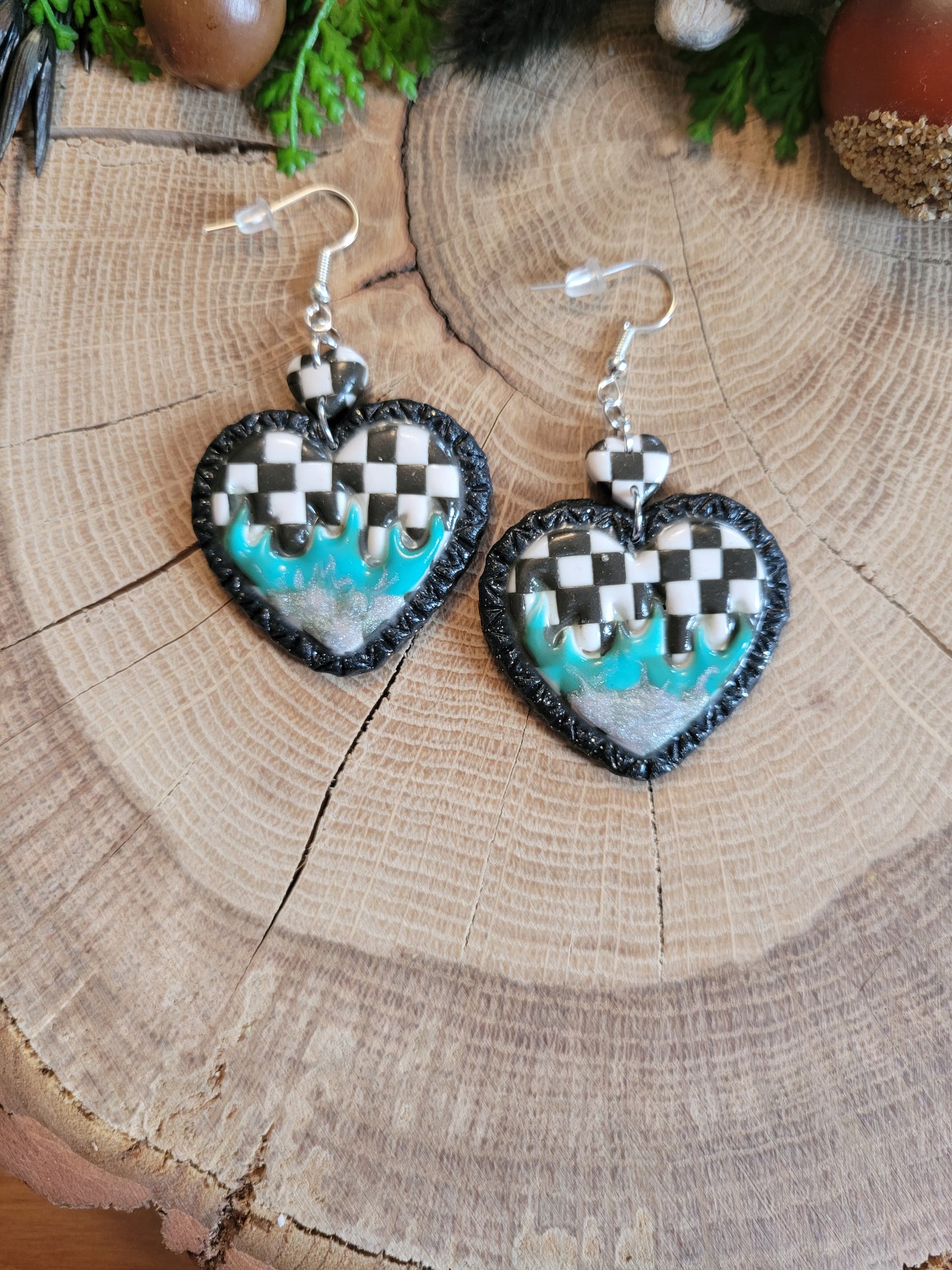 Checkered Flame Heart Earrings