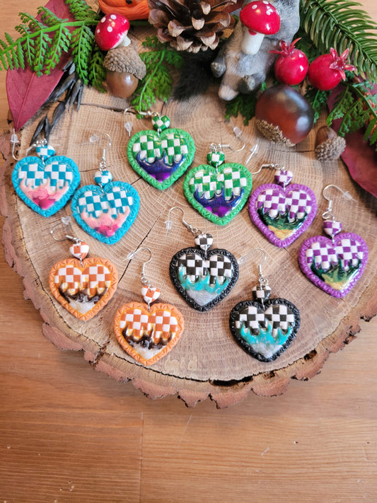 Checkered Flame Heart Earrings