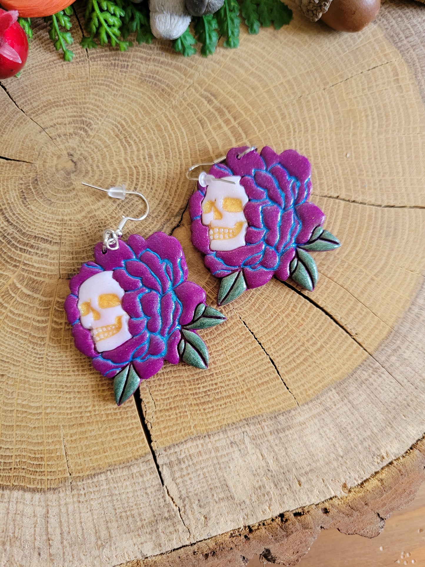 Fuschia Flower Skull Earrings