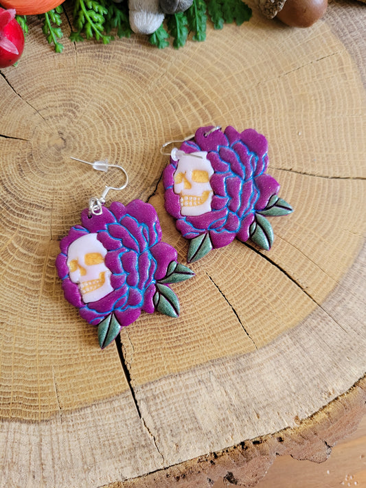Fuschia Flower Skull Earrings
