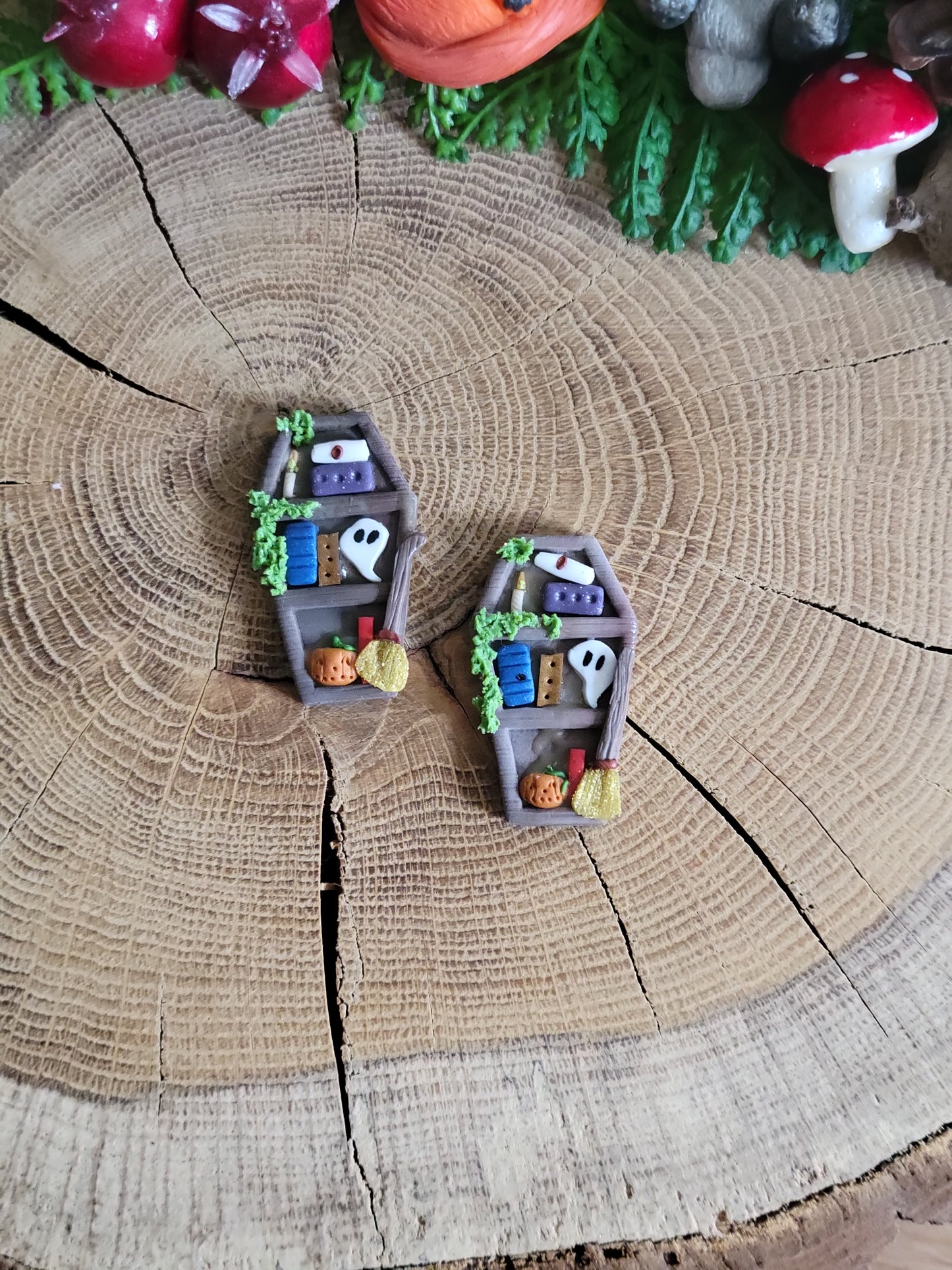 Wooden Coffin Bookshelf Earrings