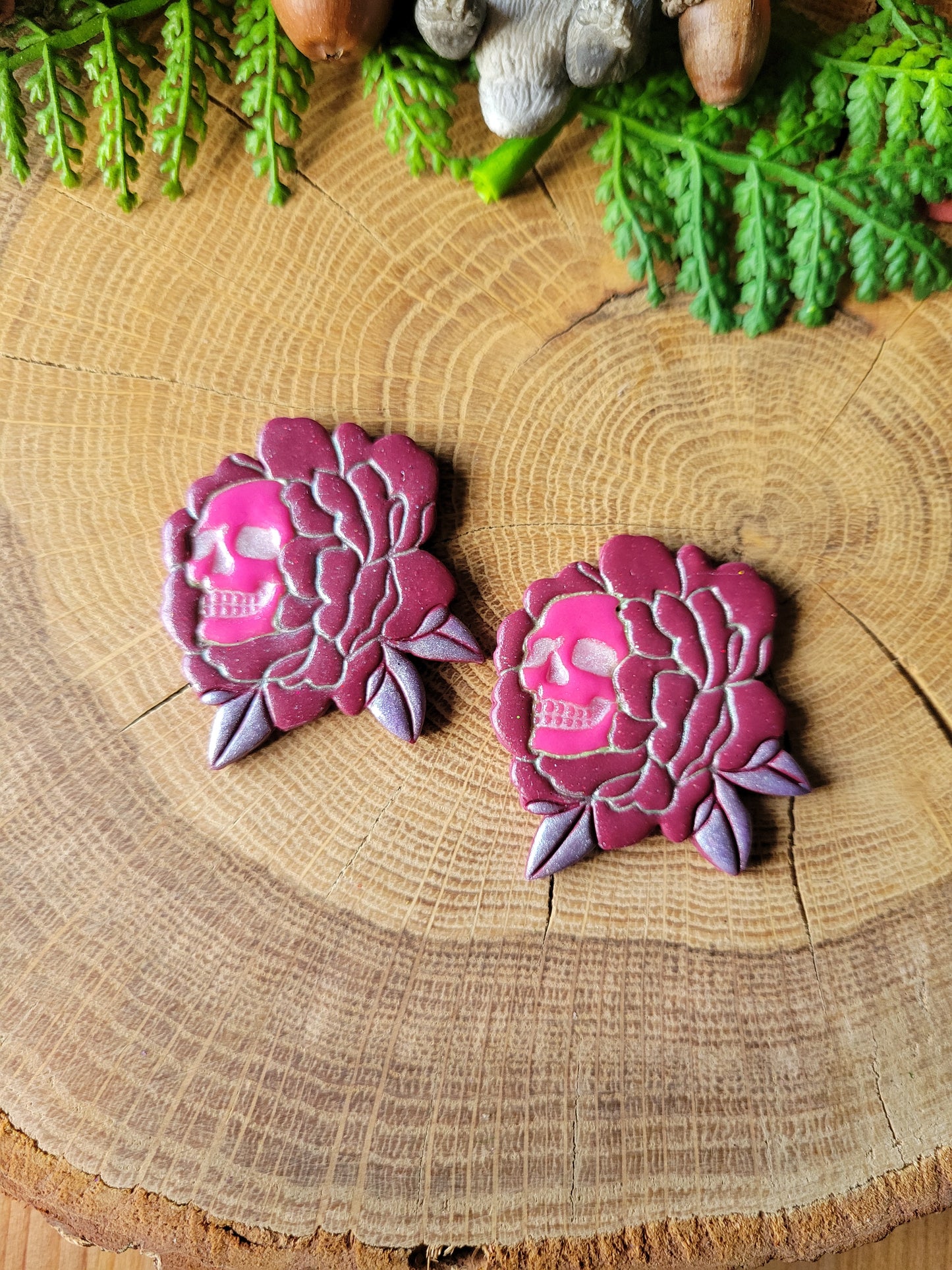 Pink Flower+Skull Earrings