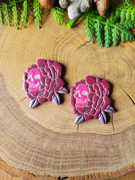 Pink Flower+Skull Earrings