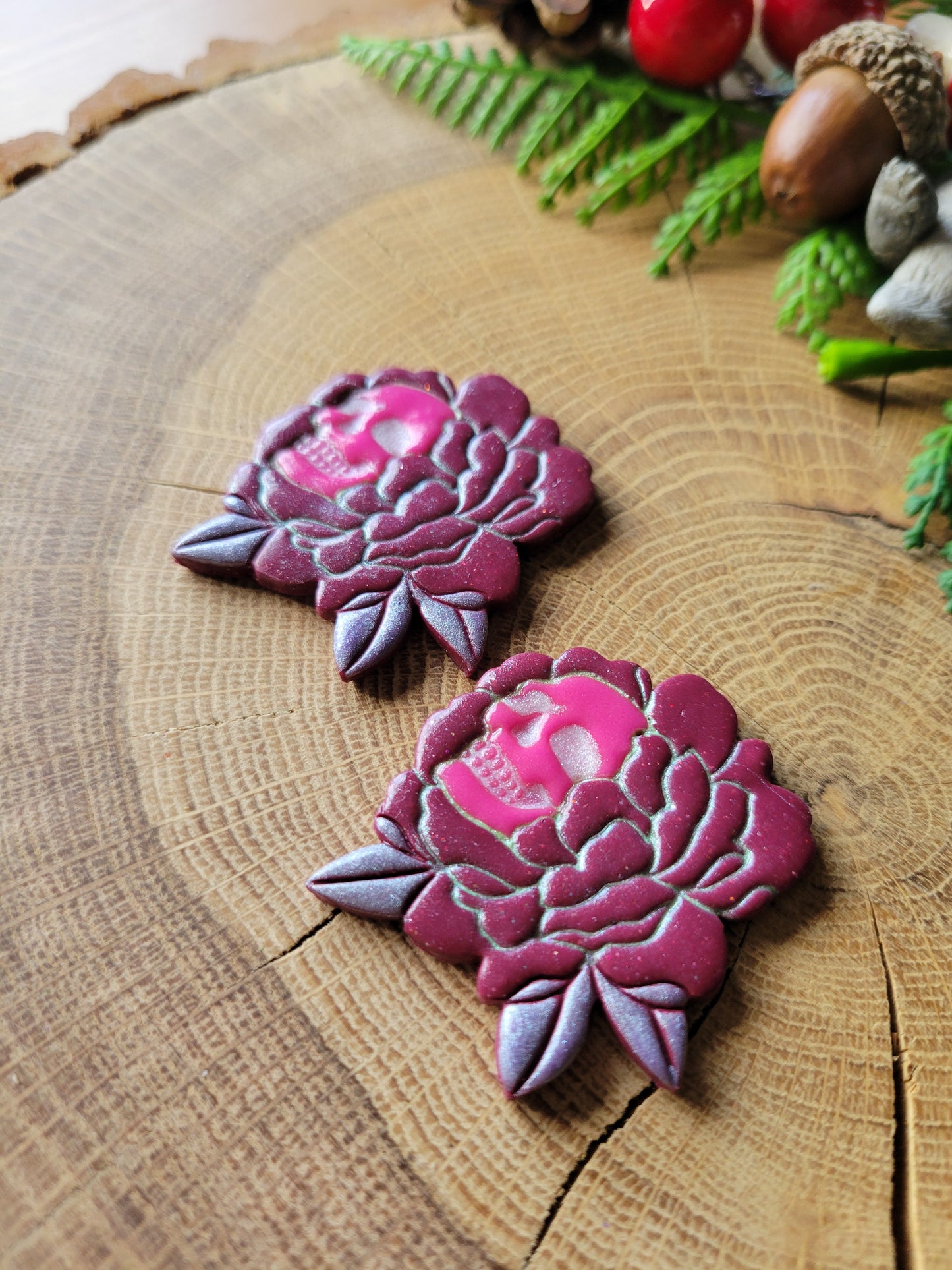 Pink Flower+Skull Earrings