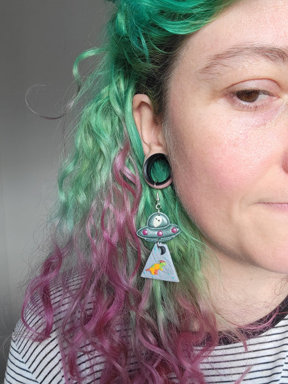 Alien Abduction: Patchwork Parasaurolophus Earrings.