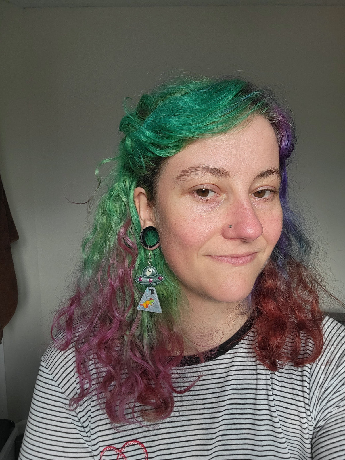 Alien Abduction: Patchwork Parasaurolophus Earrings.