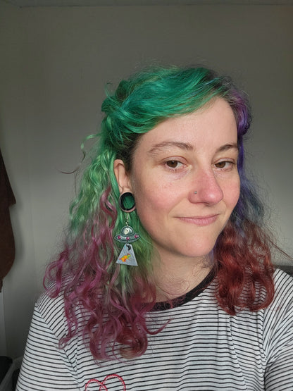 Alien Abduction: Patchwork Parasaurolophus Earrings.