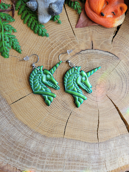 Metallic Green Deathly Unicorn Earrings