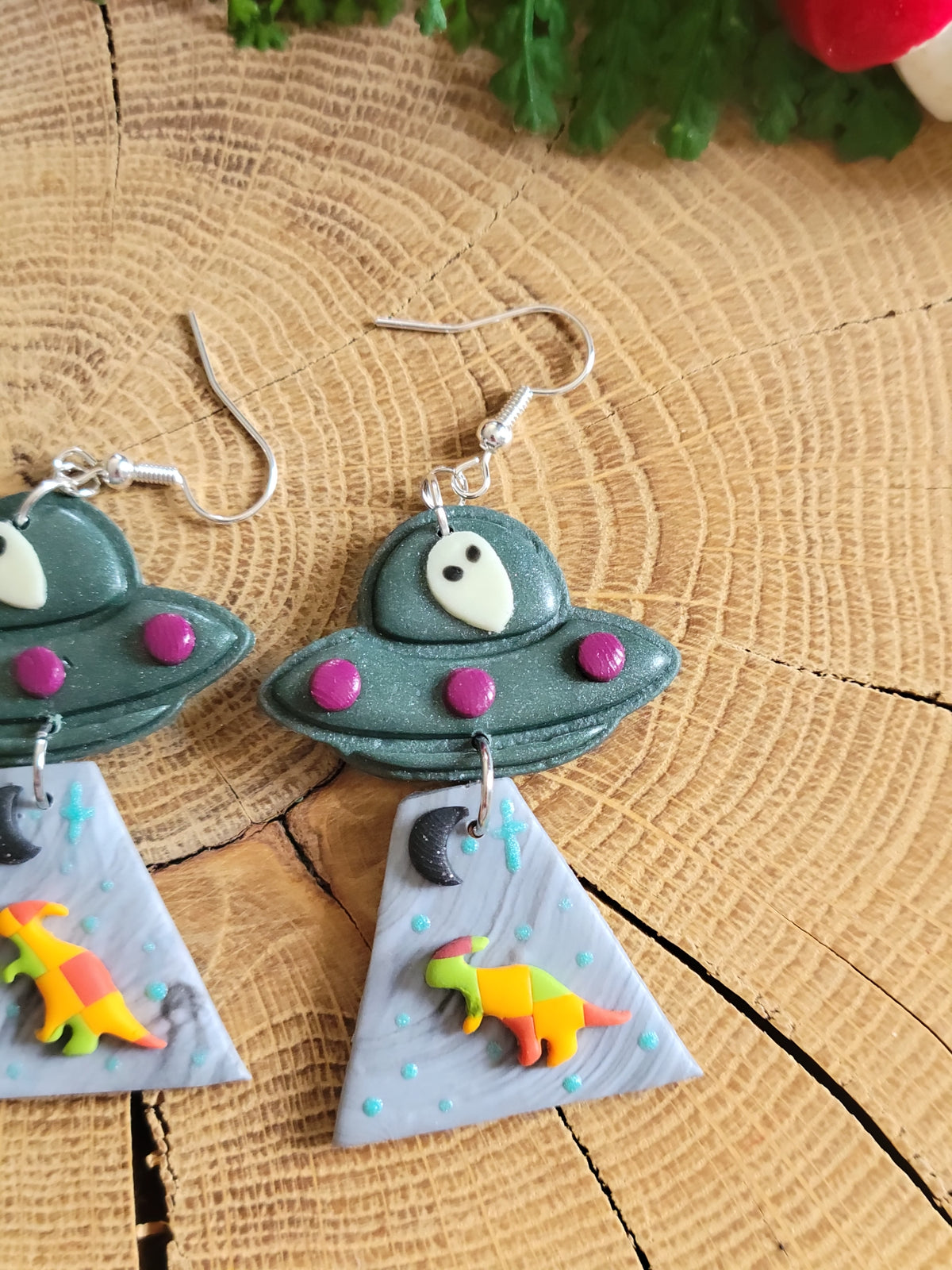 Alien Abduction: Patchwork Parasaurolophus Earrings.