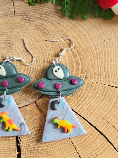 Alien Abduction: Patchwork Parasaurolophus Earrings.