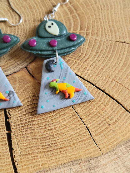 Alien Abduction: Patchwork Parasaurolophus Earrings.