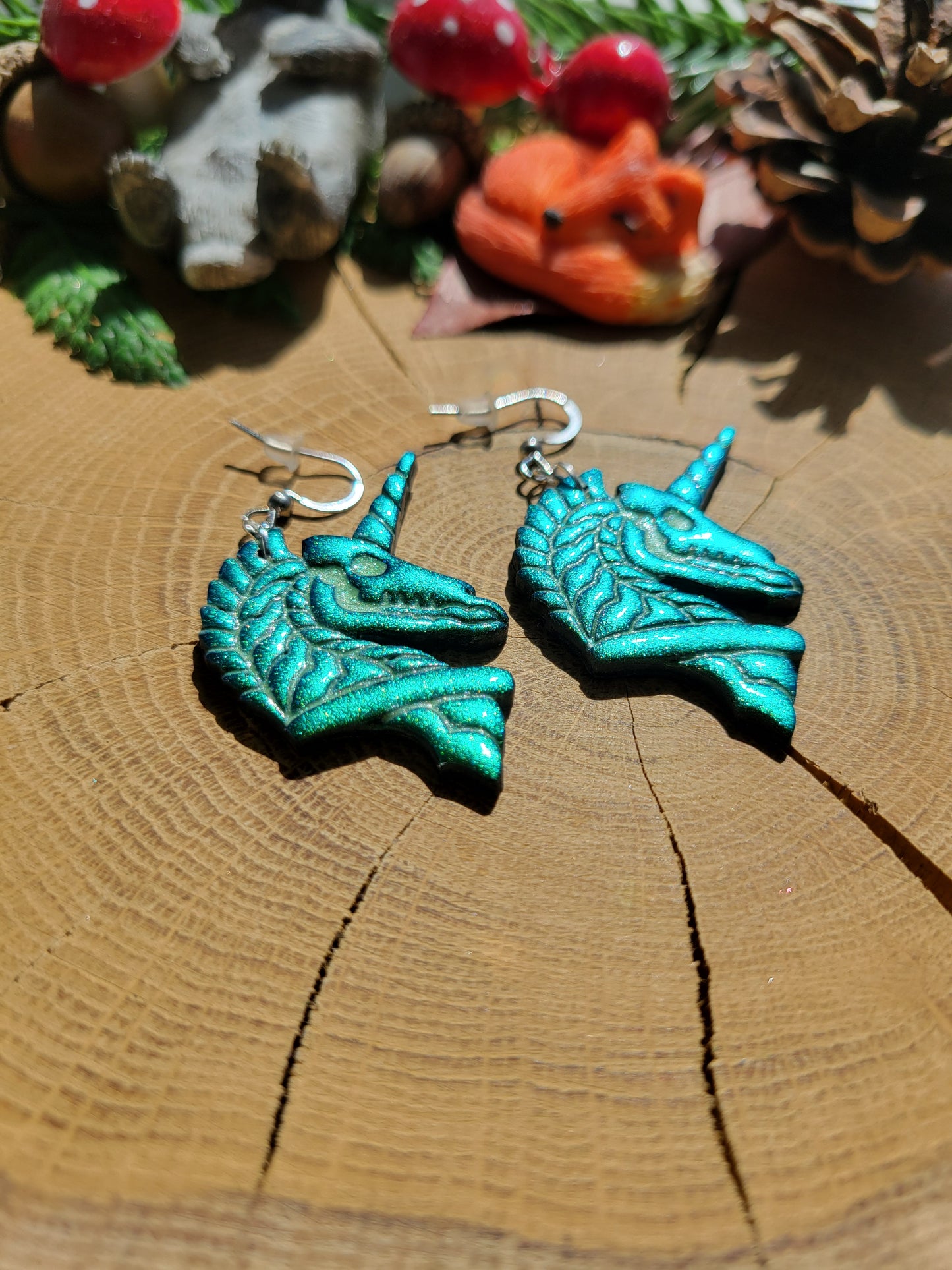 Metallic Green Deathly Unicorn Earrings