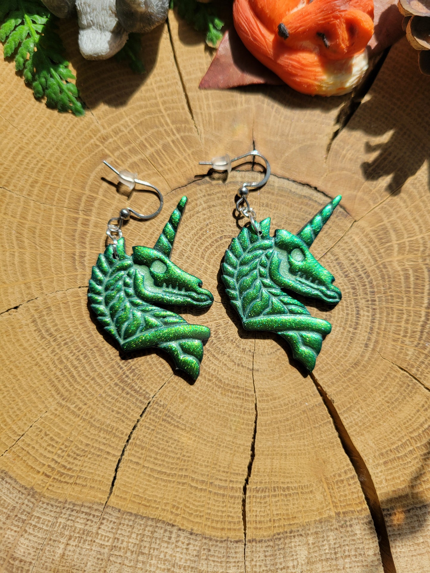 Metallic Green Deathly Unicorn Earrings