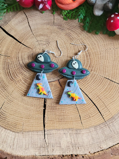 Alien Abduction: Patchwork Parasaurolophus Earrings.